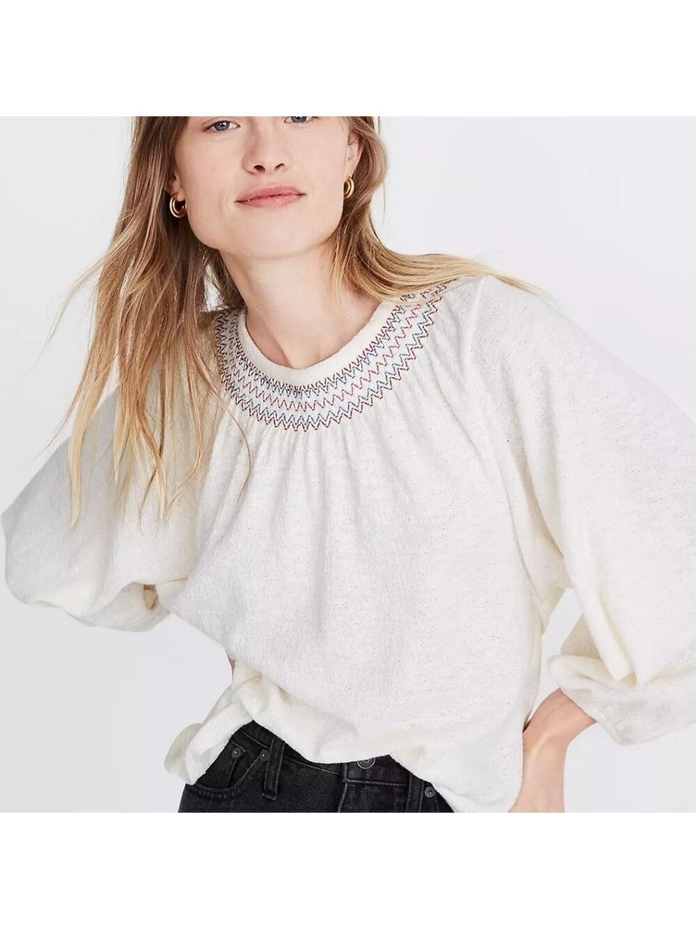 Madewell Superlight Jacquard Embroidered Smocked Top